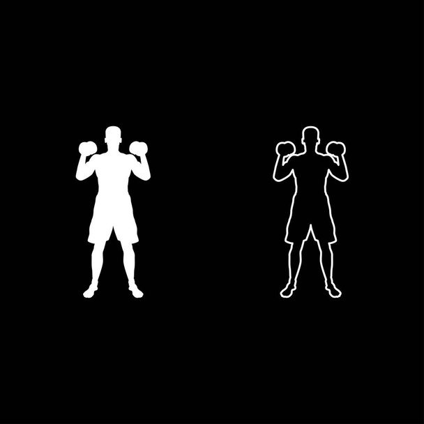 Ember gyakorolja a súlyzók Sport akció férfi edzés silhouette elülső kilátás ikon készlet fehér színű vektor illusztráció lapos stílusú egyszerű kép - Vektor, kép