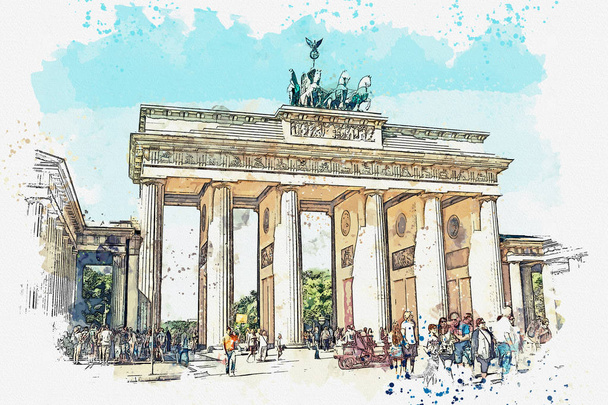 Μια ακουαρέλα σκίτσο ή εικονογράφηση από την πύλη του Βρανδεμβούργου στο Βερολίνο, Γερμανία. - Φωτογραφία, εικόνα