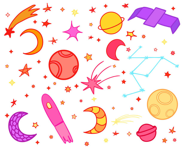 Elementos Cosmos sobre fundo branco. Doodles cósmicos coloridos para design. Símbolos espaciais simples desenhados à mão. Arte de linha. Conjunto de diferentes sinais astronómicos. Criação de arte
 - Vetor, Imagem