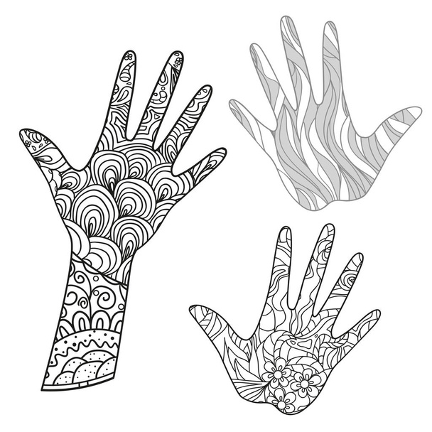 Hands with abstract patterns on isolation background. Design for spiritual relaxation for adults. Zen art. Doodles for banners, posters and textiles. Black and white illustration for coloring - Vector, Image