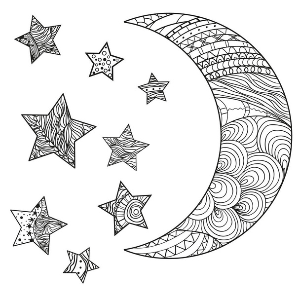 Media luna sobre blanco. Luna y estrellas con patrones abstractos sobre fondo de aislamiento. Zentangle. Diseño para la relajación espiritual para adultos. Ilustración en blanco y negro para la página de coloración anti estrés
 - Vector, Imagen