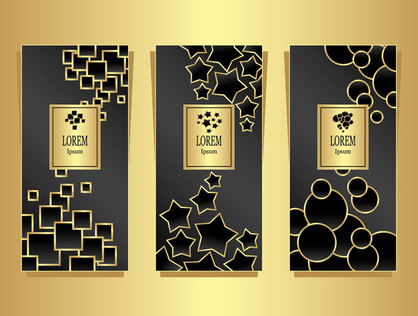 Набор шаблонов для упаковки из Роскошный фон из геометрических форм золота на черном для косметики или парфюмерии или для упаковки чая или алкогольной этикетки или для книги бренда
 - Вектор,изображение