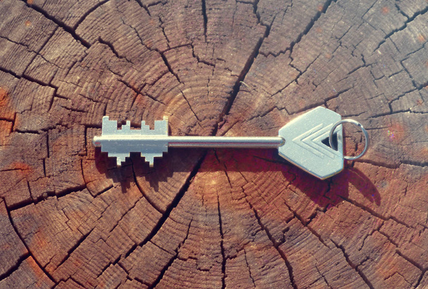 古い木製ログ ケース スイッチ キーをクローズ アップ. - 写真・画像