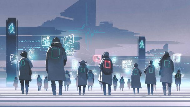 concepto futurista que muestra multitud de personas caminando por la calle de la ciudad, estilo de arte digital, pintura de ilustración
 - Foto, Imagen