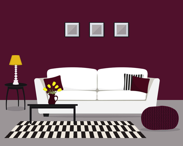 Marsala living room. There is a white sofa with pillows, a table with lamp and a table with bouquet of yellow tulips in the image. There is also a checkered carpet and knitted chair here. Vector - Vector, Image