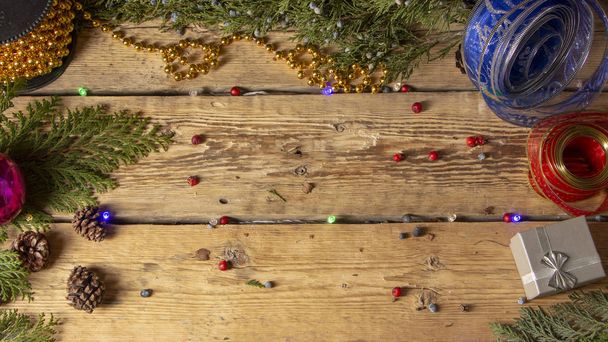 New Year's background with gifts, conifer branches. Copy space - Fotoğraf, Görsel