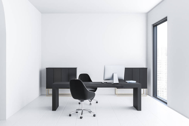 Interior of manager office with white walls, tiled floor, black massive computer table and two closets near loft window. 3d rendering - Photo, Image