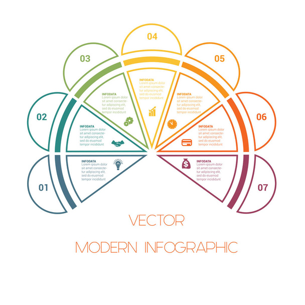 Template of colorful semicircle from lines for infographics  with text areas on  7 positions. - Vector, imagen