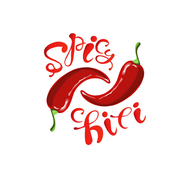 Typographie bannière Épicé, Chili, piments rouges dessin à la main peinture illustration vectorielle de stock, pour l'étiquette, pour le menu, pour le web, pour imprimer
 - Vecteur, image
