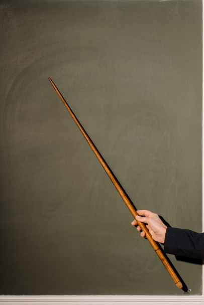cropped view of female teacher holding wooden pointer on chalkboard background - Photo, image