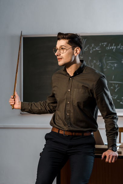 muž učitel v formální oblečení a brýle drží dřevěný ukazatel a vysvětlování rovnice ve třídě - Fotografie, Obrázek