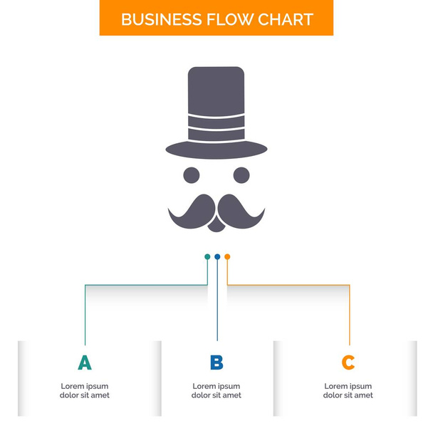 moustache, Hipster, movember, Santa Clause, chapeau conception de diagramme de flux d'affaires avec 3 étapes. Icône de glyphe pour la présentation Modèle de fond Lieu pour le texte
. - Vecteur, image