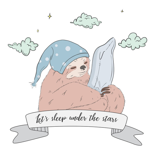 Zeit, Kinder ins Bett zu bringen. Dschungeltier mit Kopfkissen, mit lustigem Schlafmütze. niedlichen Faultier träumenden Doodle. Kinder Charakter Design, gut für T-Shirt, als Karte, Poster, bedruckt - Vektor, Bild