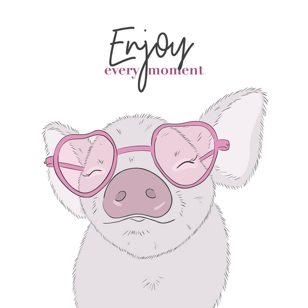 Niedliche Schwein mit genießen jeden Moment Zitat. glückliches Leben lustige Ferkelzeichnung. Animal Cartoon Charakter Illustration - Vektor, Bild