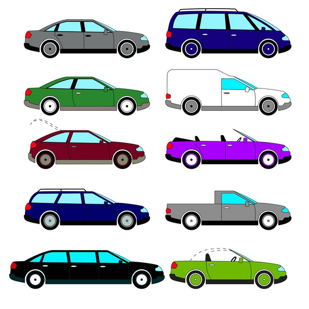 eine Reihe von Vektorskizzen von zehn Retro-Autos, die in den 1960er bis 1980er Jahren veröffentlicht wurden - Vektor, Bild