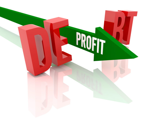 nyíl a word profit szünetek szó adósság. koncepció 3D-s illusztráció. - Fotó, kép