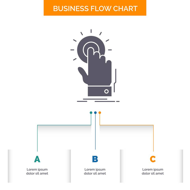aanraken, klikken, hand, aan, start business flow chart ontwerp met 3 stappen. Glyph-pictogram voor presentatie achtergrond sjabloon plaats voor tekst. - Vector, afbeelding
