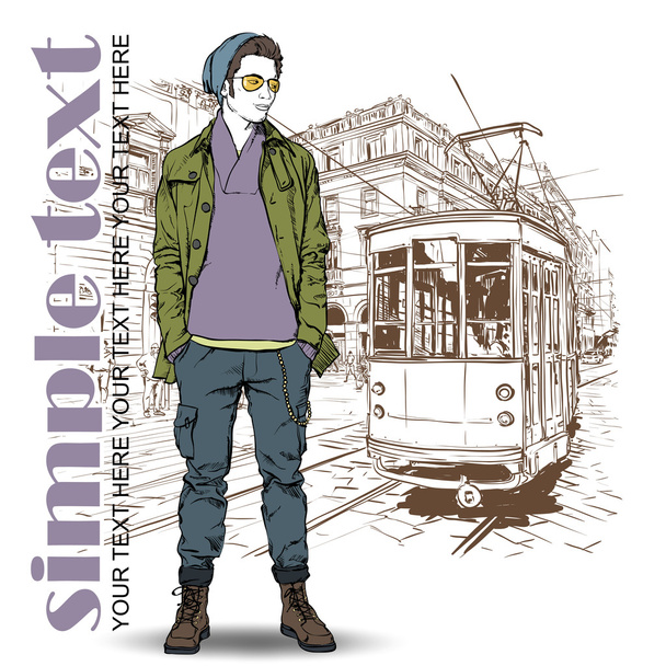 Vector illustration of a stylish guy and old tram. - Wektor, obraz