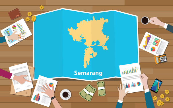 růstu ekonomiky regionu města v Semarang Indonésie java s týmem diskutovat na skládání mapy pohled z horní vektorové ilustrace - Vektor, obrázek