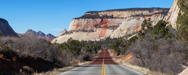 Panoramic landscape view of a Scenic road in the Canyons during a sunny summer day. Taken in Zion National Park, Utah, United States. - Φωτογραφία, εικόνα