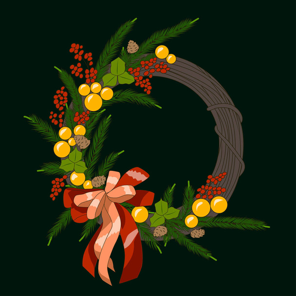 Christmas wreath with balls, berries, branches and bow, vector illustration - Вектор,изображение