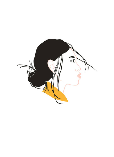 Asyalı kız profil portre. Siyah saç, sarı elbise - Vektör, Görsel