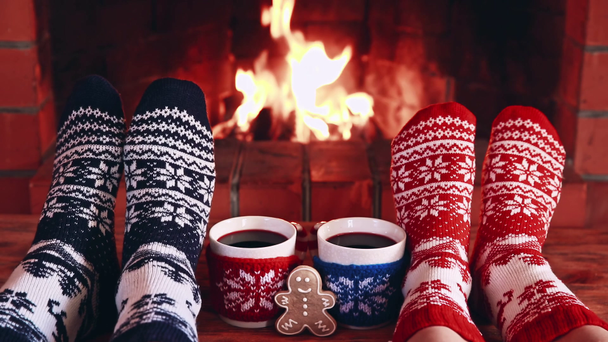 Ludzie, relaks w domu, przed kominkiem. Koncepcja Wakacje Christmas - Materiał filmowy, wideo