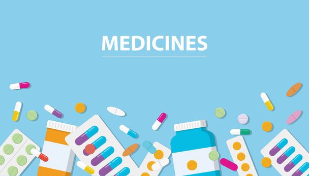 medicamentos colección de medicamentos con espacio libre de banner con ilustración de vector de fondo azul
 - Vector, Imagen