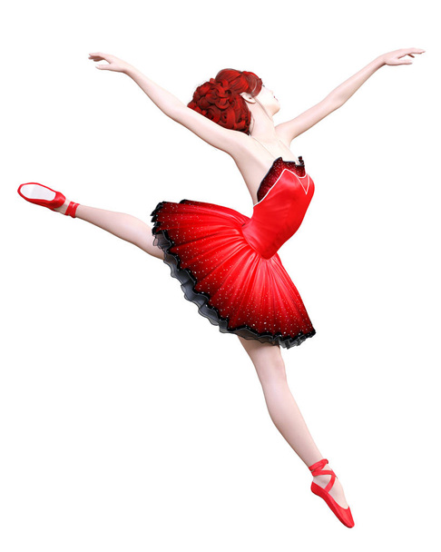 Dancing ballerina.Red ballet tutu.Redhead girl with blue eyes.Ballet dancer.Studio photography.High key.Conceptual fashion art.3D render realistic illustration.White background. - Zdjęcie, obraz