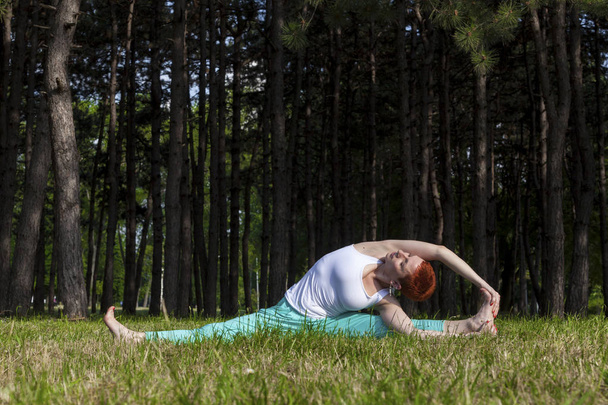 Exercise in nature - Redhead girl stretcing out in the park, trees behind, sunlit, horizontal - Foto, Imagen