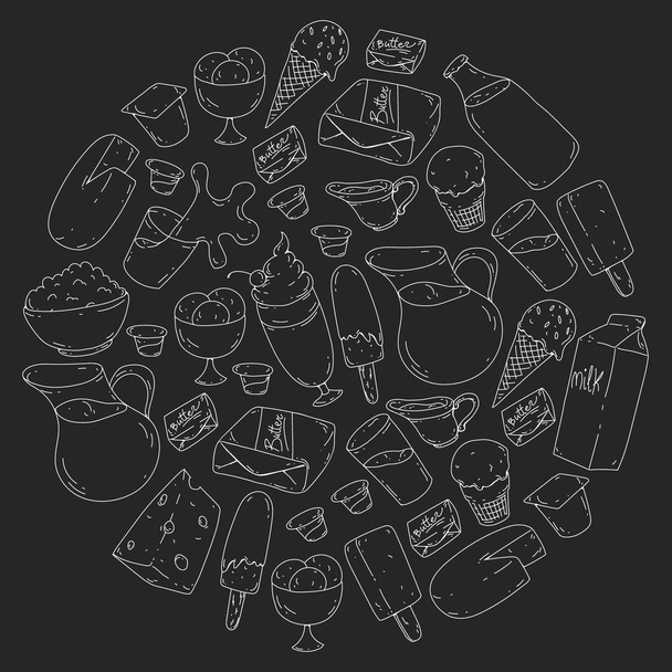 Dairy products. Doodle icons. Diet, breakfast. Milk, yogurt, cheese, ice cream, butter. Eat fresh healthy food and be happy. - Vektor, Bild