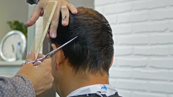 Dokonywanie fryzura człowieka w barbershop Fryzjer. Salon fryzjerski w pracy. Salon piękności. - Materiał filmowy, wideo
