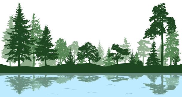 Лес, парк, переулок. Пейзаж изолированных деревьев. Отражение деревьев в воде. Силуэт-вектор
 - Вектор,изображение