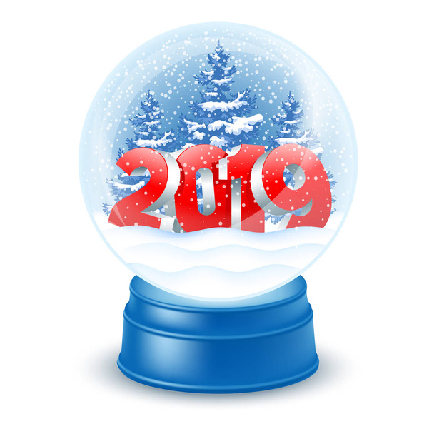 Natal e Ano Novo globo de neve mágico no fundo branco. Dígitos 2019 e abetos dentro. Ilustração vetorial
. - Vetor, Imagem