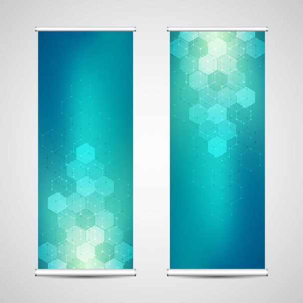 Roll up banner stands with abstract geometric background of hexagons pattern. Hi-tech digital background. Vector illustration for technological or scientific modern design. - Vector, Image