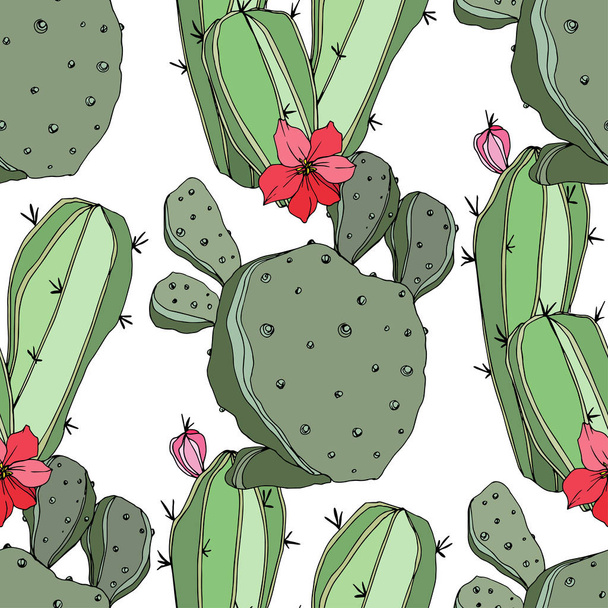 Vector Cactus. Green engraved ink art.Seamless background pattern. Fabric wallpaper print texture. - Vector, Image