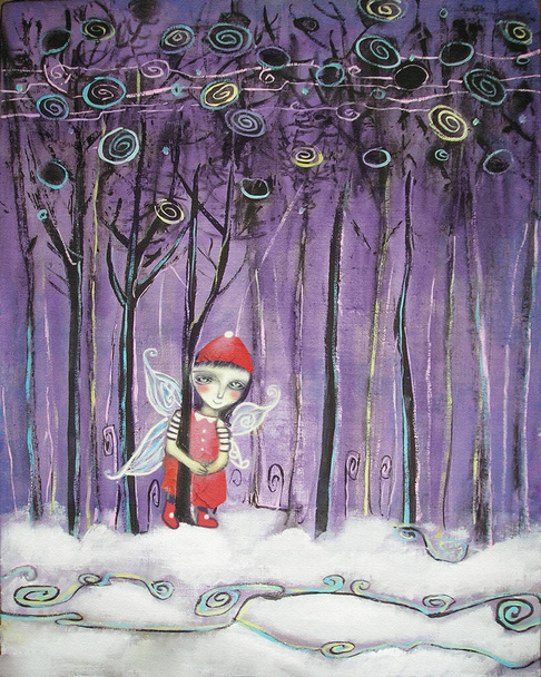 Elf w czerwone ubrania między ośnieżone drzewa. Malarstwo akrylowe na płótnie. Nowy rok, ilustracja. - Zdjęcie, obraz
