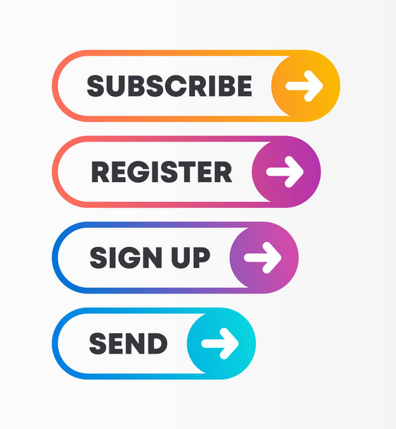 Set of call to action vector buttons. Conversion buttons for website or application in bright rainbow colors. Rounded circular shape with a white arrow.  - Vektör, Görsel