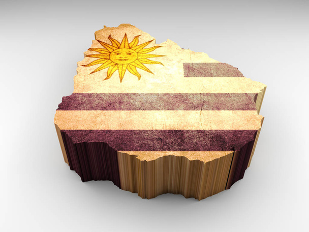 Uruguay 3d getextureerde kaart met Uruguayaanse vlag op witte achtergrond - Foto, afbeelding