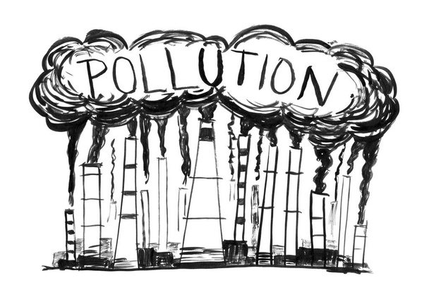 Black Ink Grunge Hand Drawing of Smoking Smokestacks, Concept of Industry or Factory Air Pollution - Photo, Image