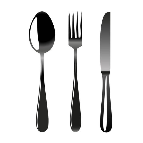 Metallic cutlery (spoon, fork, knife) isolated on white - Vector, Image