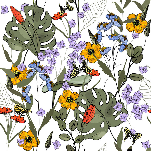 Trendy floral pattern. Isolated seamless pattern. Vintage background. Wallpaper.  Hand drawn. Vector illustration. - Vetor, Imagem