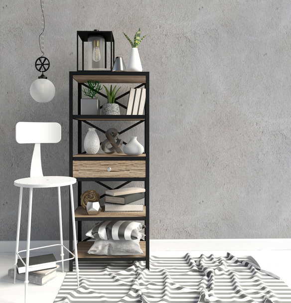 Modern interior in the style scandinavian, a place for storage. 3D illustration. Wall mock up - Photo, Image