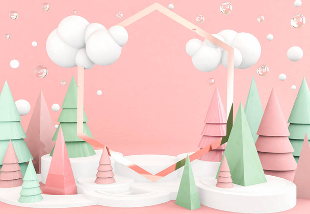 ilustración abstracta de renderizado 3D, concepto de navidad, espacio de copia para texto, muchos árboles sobre fondo rosa
  - Foto, imagen