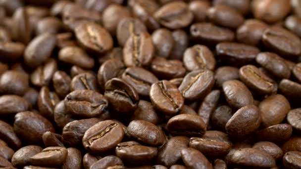 Coffee beans background. Close up shot of rotating roasted coffee beans. 4K, UHD - Video
