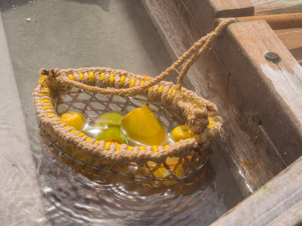 Eier und Gemüse, die im Wasser heißer Quellen im taiping mountain in taiwan gekocht werden - Foto, Bild