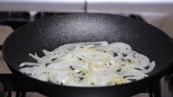Ο άνθρωπος ανακατώνει τα κρεμμύδια σε ένα τηγάνι. - Πλάνα, βίντεο