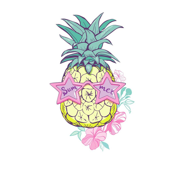 piña con gafas de diseño, exótico, fondo, comida, fruta, ilustración naturaleza piña verano tropical vector dibujo fresco
 - Vector, imagen