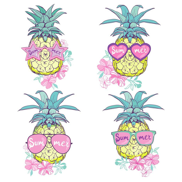 szemüveg design, egzotikus ananász, háttér, élelmiszer, gyümölcs, illusztráció jellegű ananász nyári trópusi vektoros rajz friss - Vektor, kép
