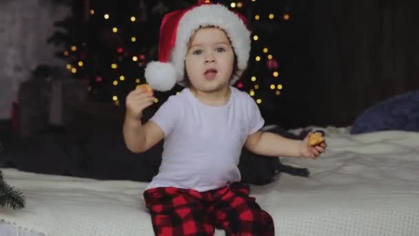 dziecko w stroju Mikołaja jedzenia słodkich cukierków na patyku, zabawy w czasie świąt Bożego Narodzenia. Merry Xmas koncepcja - Materiał filmowy, wideo